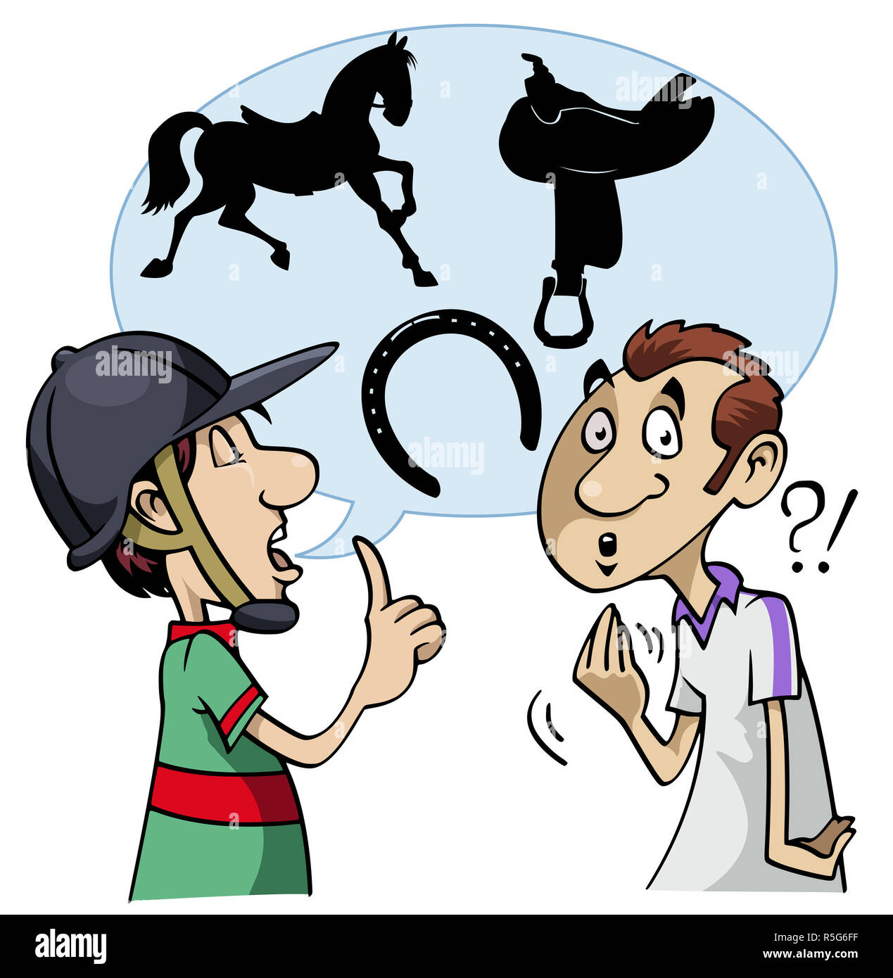 Cartoon Stil Abbildung: Eine junge Reiter spricht über Pferdesport Slang. Die Gesprächspartner nicht versteht, Stockfoto