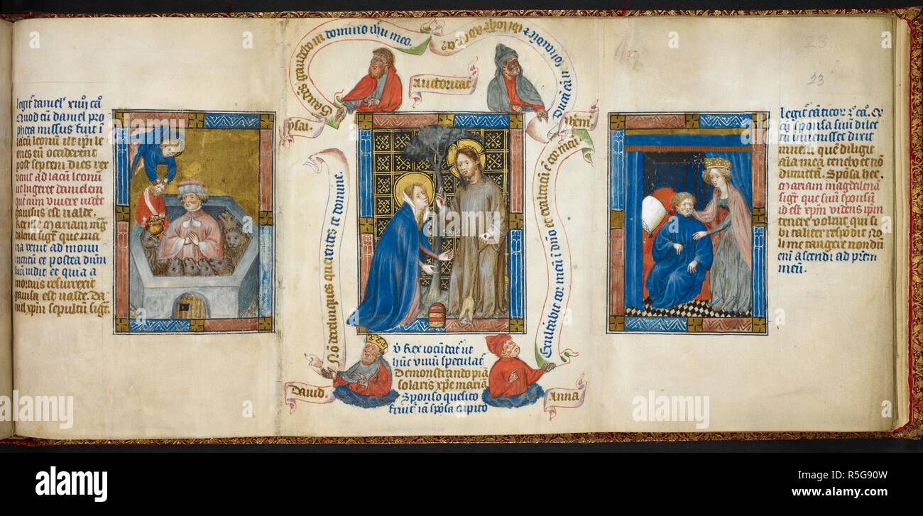 Darius finden Daniel unverletzt in die Höhle des Löwen; Christus, der Auftritt der Maria Magdalena ("Noli me tangere"); der Ehegatte mit ihrem Geliebten. Biblia Pauperum. c 1395-1400. Ein Bild Bibel einschließlich einer Serie von Bildern des Lebens Christi mit dem Alten Testament Vorzeichen, mit drei Miniaturen auf jedem Recto. Jede Miniatur des christologischen Zyklus wird durch Büste begleitet - Länge Porträts der Apostel und Propheten, Schriftrollen und entspricht der typologischen Miniaturen. Quelle: Könige 5 f 23. Sprache: Latein. Stockfoto