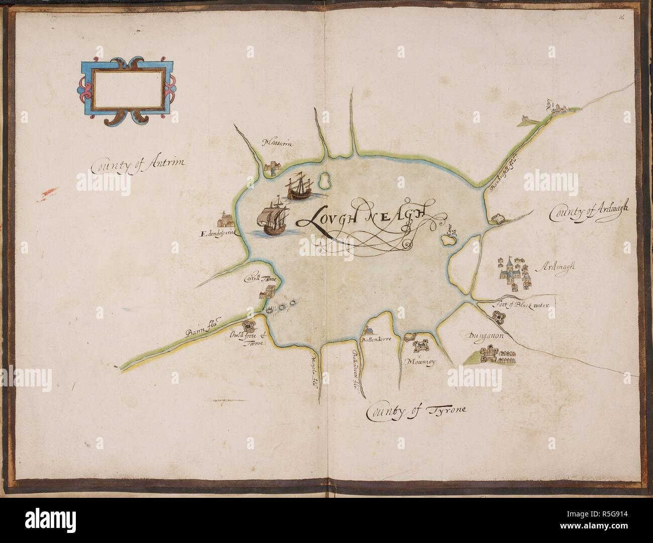 Zeichnung von Lough Neagh, Irland. Zustand der Stärken der Irland, wie sie im Jahre 1624 Weare; '14 farbige Pläne des Flusses von Waterford und die Forts von Duncannon, Waterford, Cork Haleboline [Haven], Kork, Kinsale, Culmore, Galway, Bannahoor oder Falkland, und Charlemont. 1624. Quelle: Hinzufügen. 24200, ff 35 v-36. Sprache: Englisch. Autor: Pynnar, Nicholas. Stockfoto