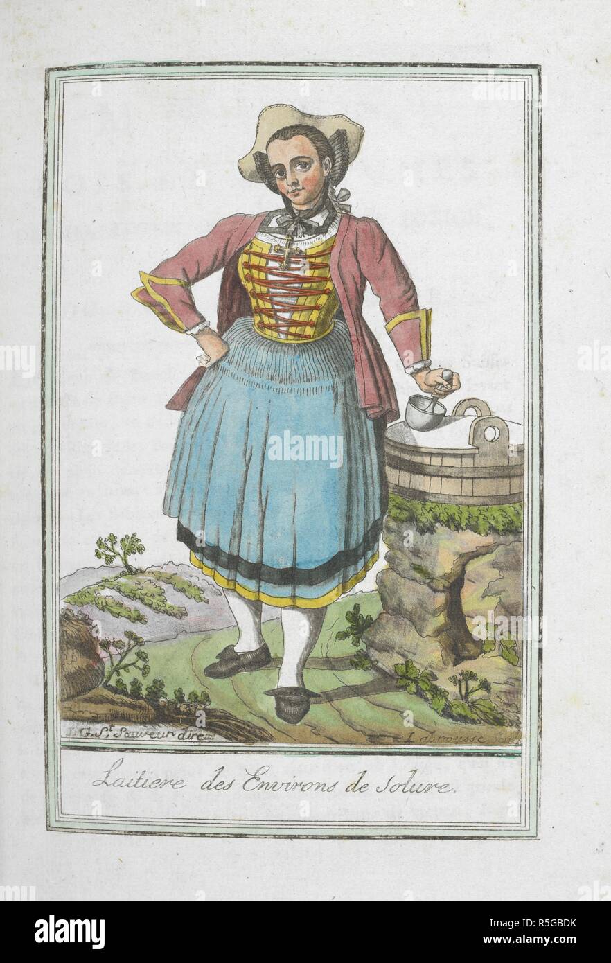 Laitiere de Umgebung de Soleure. Eine milchmagd von Solothurn. EncyclopeÌdie des Voyages, Contenant l'abreÌgeÌ Historique de mÅ" Urs ...de tous les peuples et la collection complette de leurs habillemens civils, Militaires, dignitaires religieux et, d'dessineÌs apreÌ € s Natur,... et colorieÌs aÌ € l'Aquarelle. Paris, 1796. Quelle: 1259) b) 13-17, Tom. 2 Platte 27. Sprache: Französisch. Autor: GRASSET DE SAINT-SAUVEUR, Jacques. Stockfoto