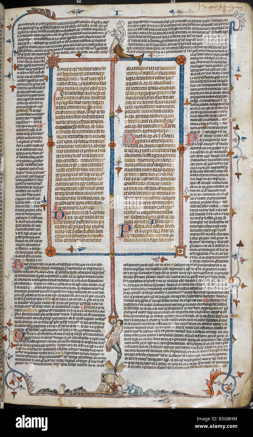 Rn groteske spielen Trommeln und Pfeifen mit, unter, Bas-de-Seite Szene einer Frau Brand eine Windmühle. Smithfield Decretals [Decretals von Gregor IX]. Frankreich?; 1300-1340 [Text]. England (London?); ca. 1340 [Beleuchtung]. Quelle: Royal 10 E.IV, F71. Sprache: Latein. Stockfoto