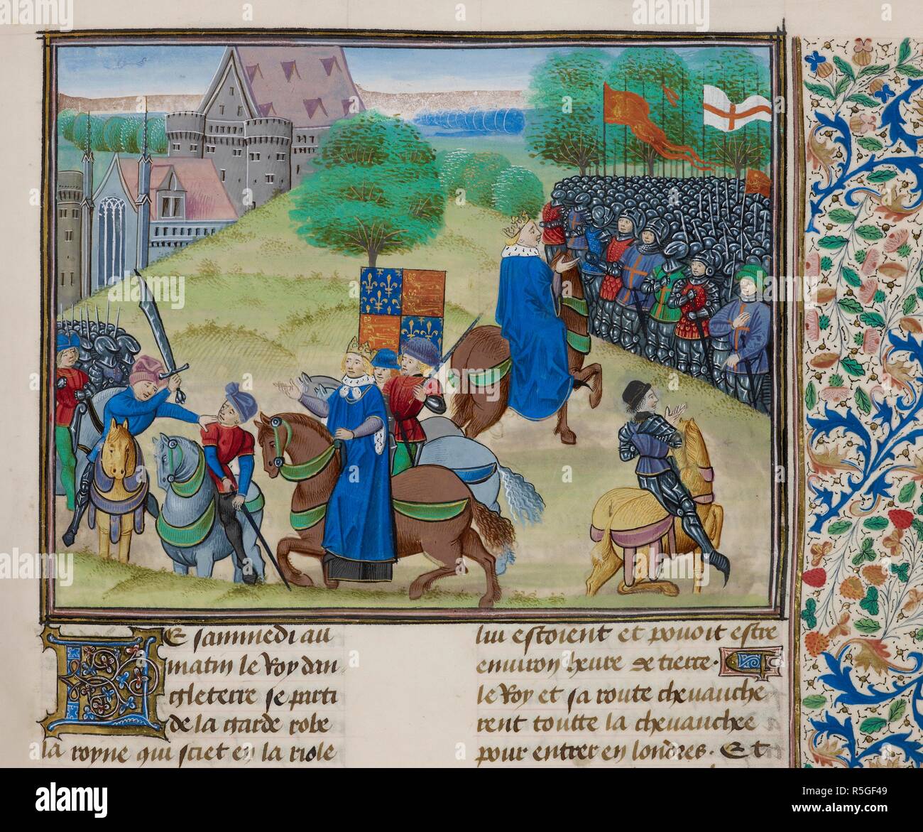 Der Tod von Wat Tyler in 1381. Wat Tyler (15. Juni 1381) war ein Führer der 1381 Bauern Revolte in England. Er marschierte eine Gruppe von Demonstranten aus Canterbury in die Hauptstadt der Träger eine Kopfsteuer zu widersetzen. Während die kurze Rebellion frühen Erfolg genossen, Tyler wurde durch Offiziere des Königs Richard II. Während der Verhandlungen in Smithfield in London getötet. Die Zahlen in der Miniatur sind: Sir William Walworth, Bürgermeister von London (schwingende Schwert); Wat Tyler; Richard II. von England; und John Cavendish, Esquire, Richard II (Lager Lance). . Jean Froissart, Chroniques, Bd. 2. (Froissart Chroni Stockfoto