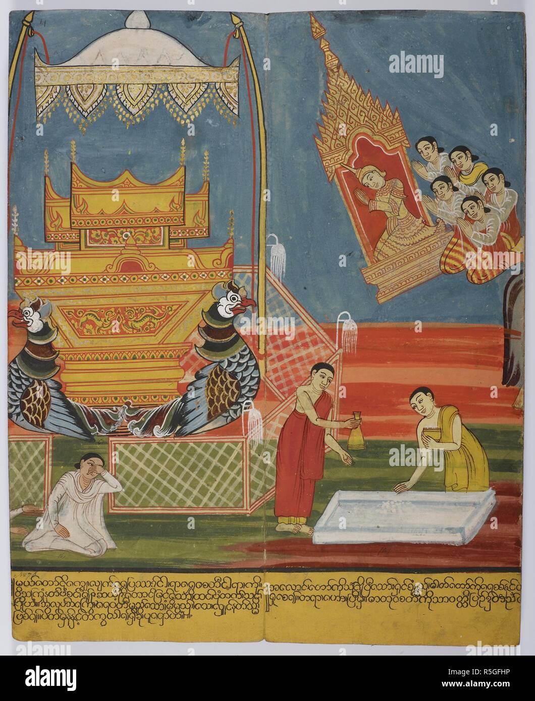 Die Verbrennung der Sariputta. Die Scheiterhaufen der Sariputta mit seiner Mutter trauern (links); der Buddha predigte an einem Tempel (rechts). Das Leben des Buddha. Birma, c, 1800-1820. Quelle: Oder. 14298, f 4. Sprache: Burma. Autor: Anon. Stockfoto