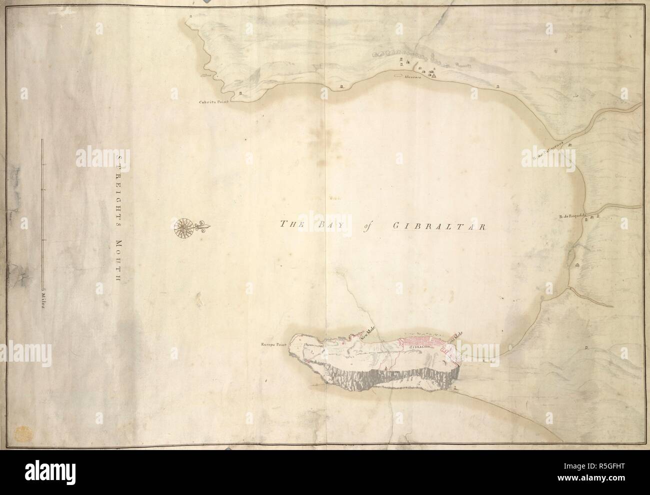 Einen Plan über die Bucht und Stadt von Gibraltar. Die Bucht von Gibraltar. [England]: [Produzenten nicht identifiziert], [zwischen 1690 und 1720?]. Quelle: Karten K. Top. 72.21. Sprache: Englisch. Stockfoto