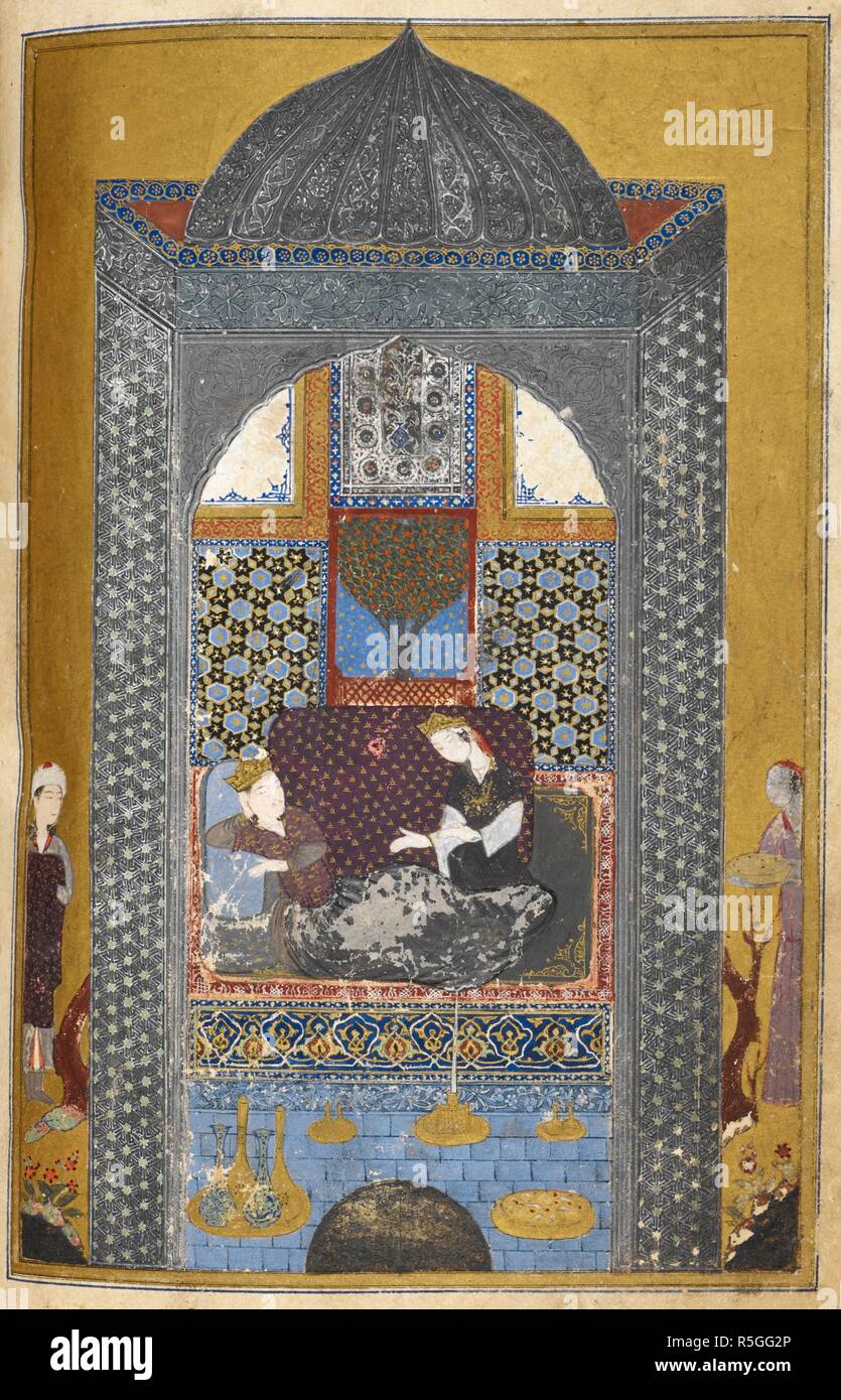 Bahram Gur unterhalten im Schwarzen Pavillon von der indischen Prinzessin. Mischung von Iskandar Sultan. Südlichen Iran, 1410-1411. Quelle: Hinzufügen. 27261, f.160 v. Sprache: Persisch. Stockfoto