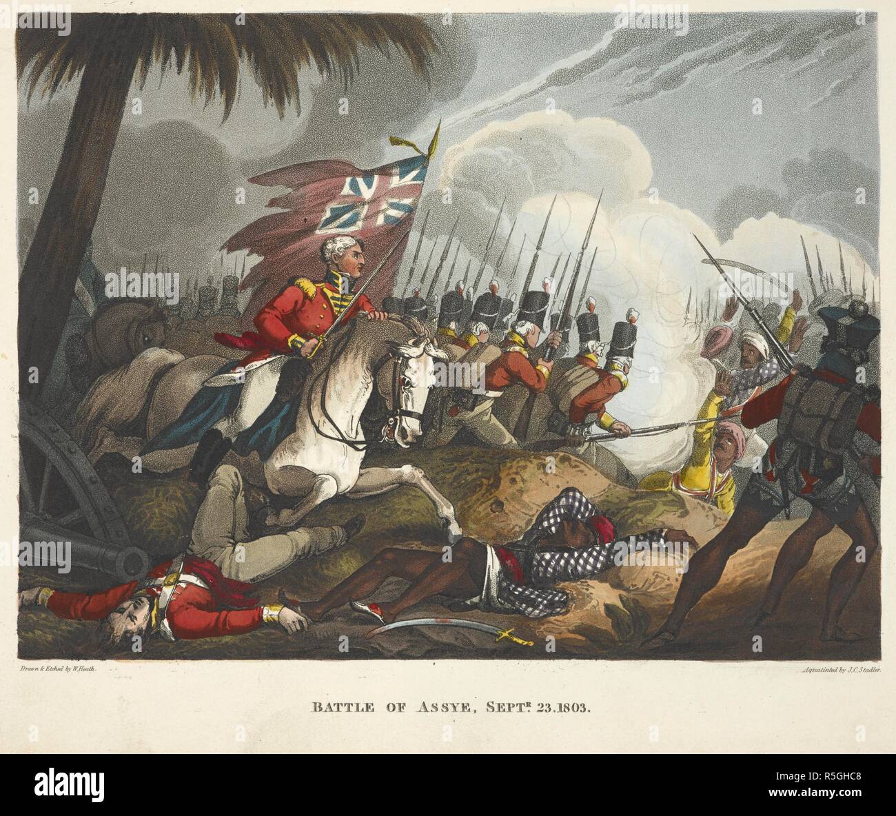 Schlacht von Assye, 23. September 1803. Die Schlacht von Assaye war einer großen Schlacht des Zweiten Anglo-Maratha Krieg gekämpft zwischen der Maratha Konföderation und der British East India Company. Die Kriege von Wellington, eine Erzählung Gedicht. ... Mit ... Gravuren farbige... Von Dr. S. London, 1819. Quelle: 838. m. 7 Platte 3 auf Seite 20. Autor: Heide, WILLIAM. Stadler, J. C. Stockfoto