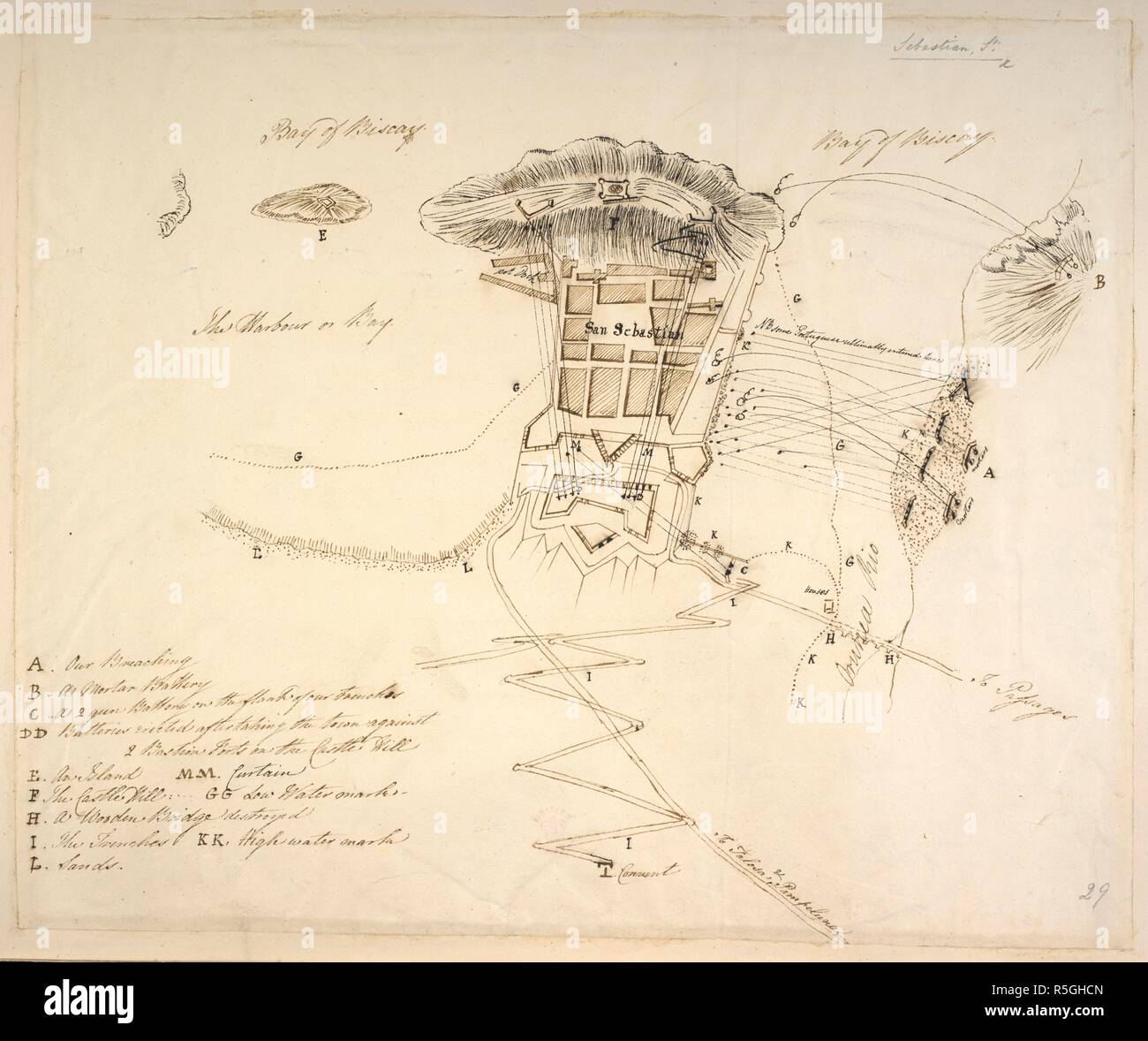 Eine gezeichnete Plan St. Sebastian (San Sebastian, Spanien). Die Stadt und den Hafen, unter Belagerung, während der Krieg der Halbinsel. [Eine gezeichnete Plan von St. Sebastian, die mit einem beschreibenden Referenz]. 1813. 390 x 320 mm. Quelle: Karten C.18. 1. 1. (34.). Stockfoto