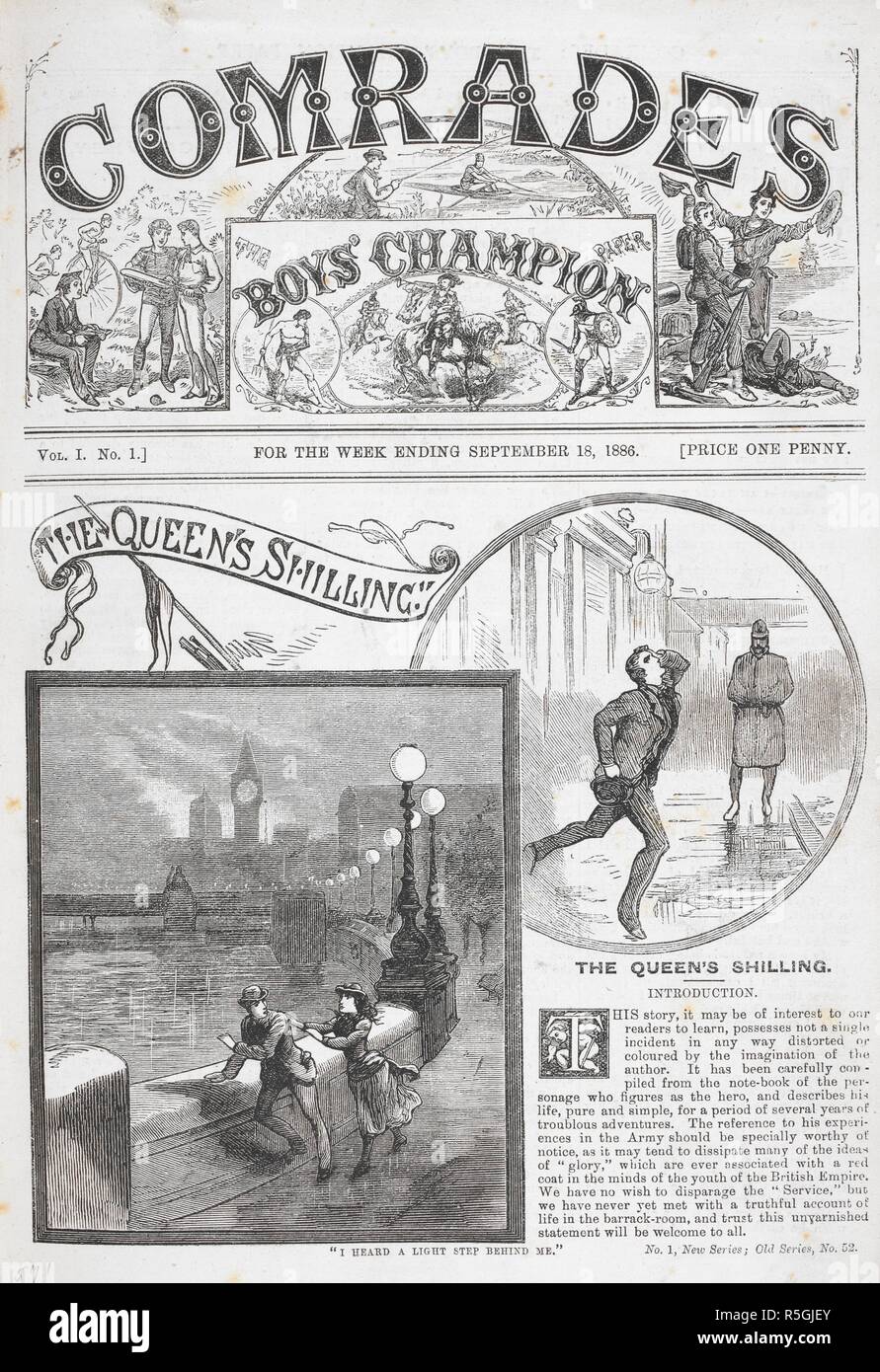 Zwei Beispiele für eine Geschichte, "der Königin Schilling". Genossinnen  und Genossen. Die jungen "Champion Papier. London 1886, 87. Quelle:  C140.a.30 a Vol.1, Nein, 1 Stockfotografie - Alamy