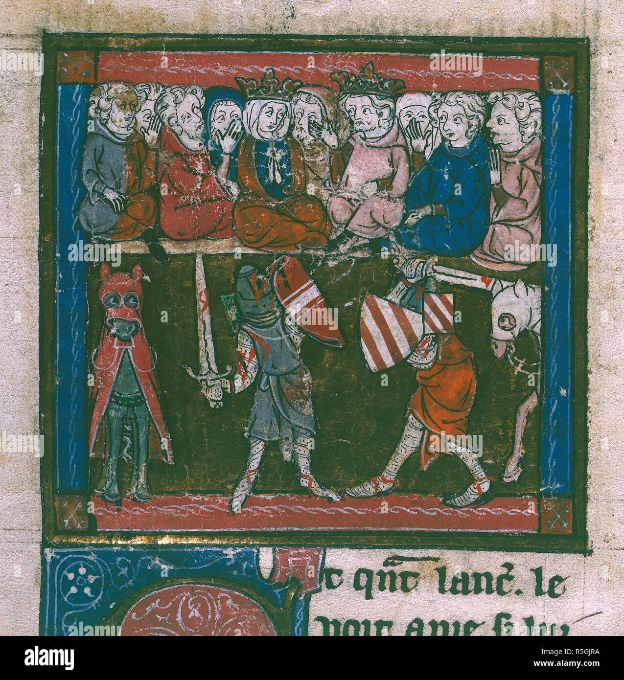 Lancelot Sir Mador kämpft. La Mort le Roi Artus. Frankreich (Picardie?); Anfang des 14. Jahrhunderts (1300-1315?). [Miniatur nur] Lancelot kämpfen Sir Mador, Verteidigung der Ehre von Guinevere, bevor Arthur, Guinevere, und der Hof Bild von La Mort le Roi Artus genommen. Ursprünglich veröffentlichte/Hergestellt in Frankreich (Picardie?); Anfang des 14. Jahrhunderts (1300-1315?). . Quelle: Royal 14 E.III, w.156 v. Sprache: Französisch. Stockfoto