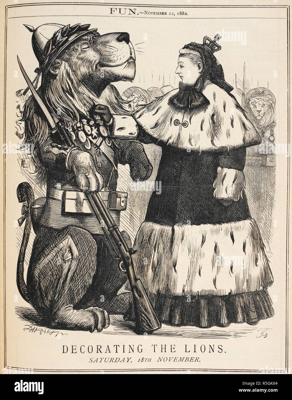 Die Dekoration der Löwen. Cartoon zeigt einen Löwen, der für die britischen Soldaten, die eine Medaille von Queen Victoria ausgezeichnet. . London, 22. November 1882. Quelle: S. S. 5273.c, Band XLIII, Seite 217. Stockfoto