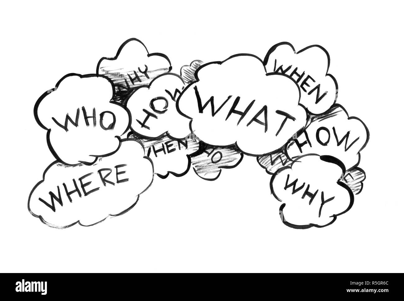 Schwarze Tinte Grunge Hand Zeichnung von Sprechblasen mit Fragen Stockfoto
