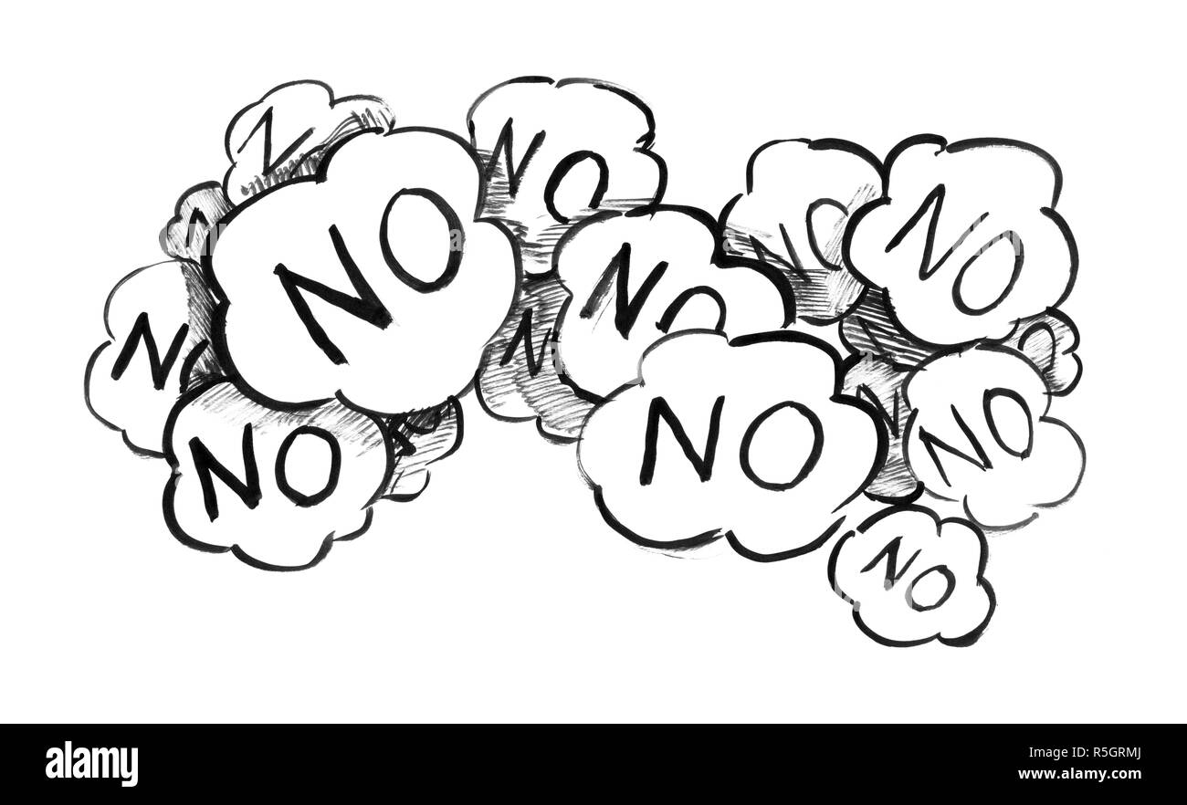 Schwarze Tinte Grunge Hand Zeichnung von Sprechblasen mit Word Keine Stockfoto