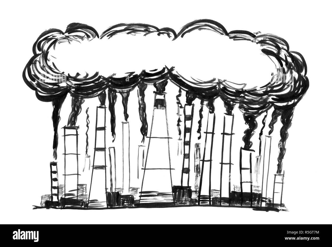 Schwarze Tinte Grunge Hand Zeichnung des rauchenden Schlote, Konzept der Industrie oder der Fabrik Luftverschmutzung Stockfoto