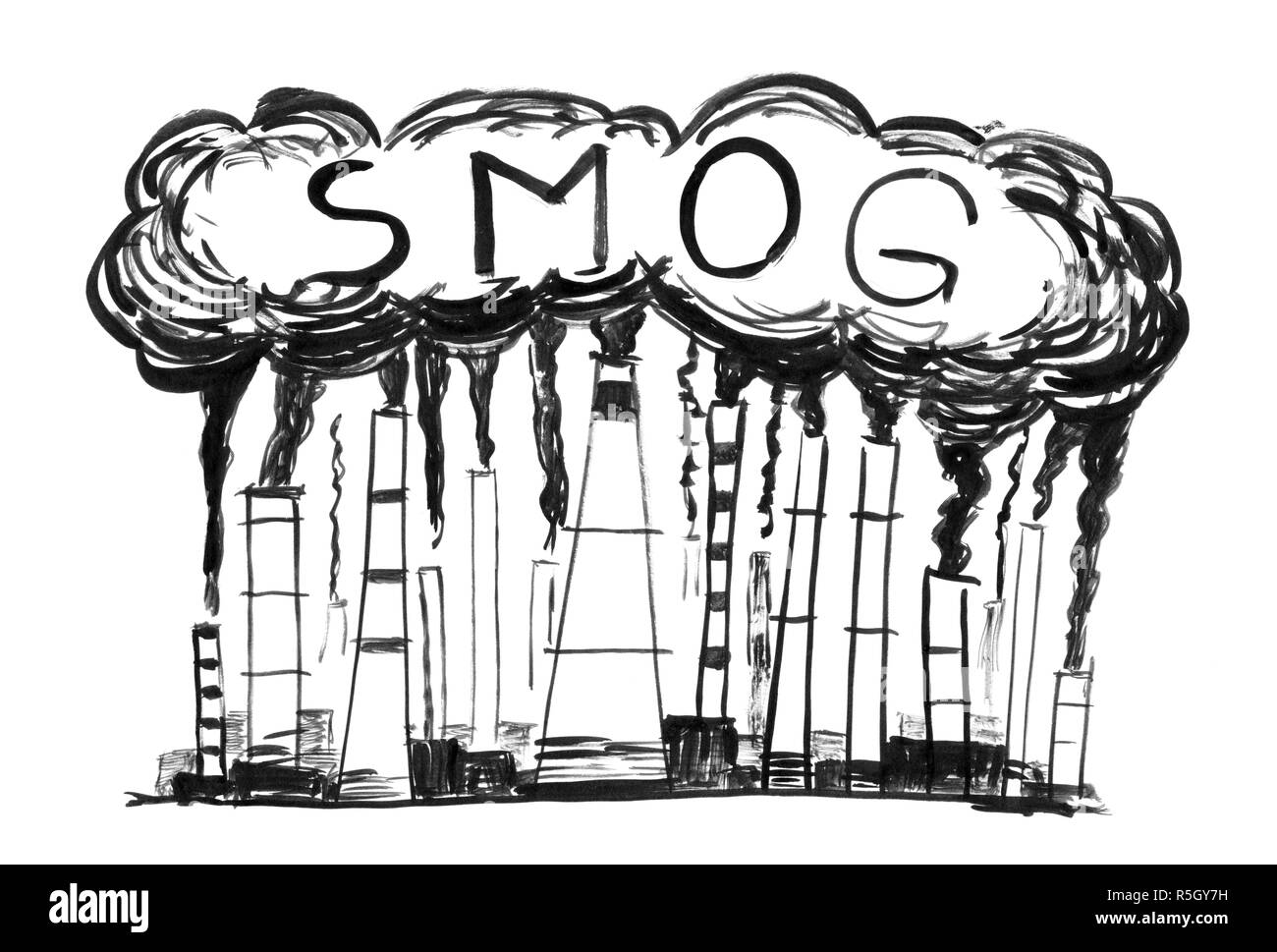 Schwarze Tinte Grunge Hand Zeichnung des rauchenden Schlote, Konzept der Industrie oder der Fabrik Luftverschmutzung oder Smog Stockfoto