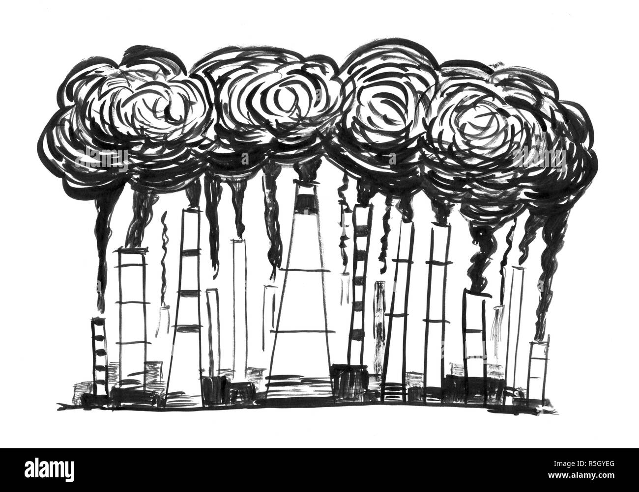 Schwarze Tinte Grunge Hand Zeichnung des rauchenden Schlote, Konzept der Industrie oder der Fabrik Luftverschmutzung Stockfoto