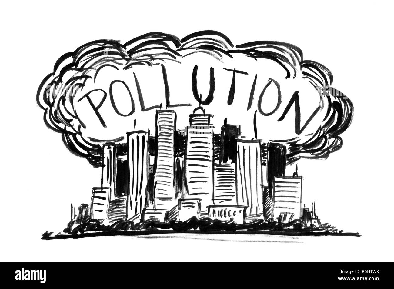 Schwarze Tinte Grunge Hand Zeichnung der Stadt abgedeckt durch Smog und Luftverschmutzung Stockfoto