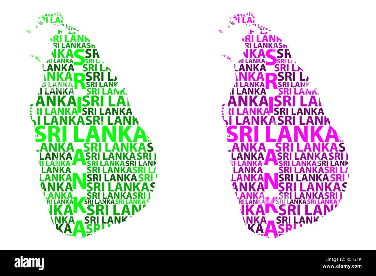 Skizze Sri Lanka Brief text Karte, der Demokratischen Sozialistischen Republik Sri Lanka - in der Form des Kontinents, Karte Sri Lanka (Ceylon) - grün und purpl Stock Vektor