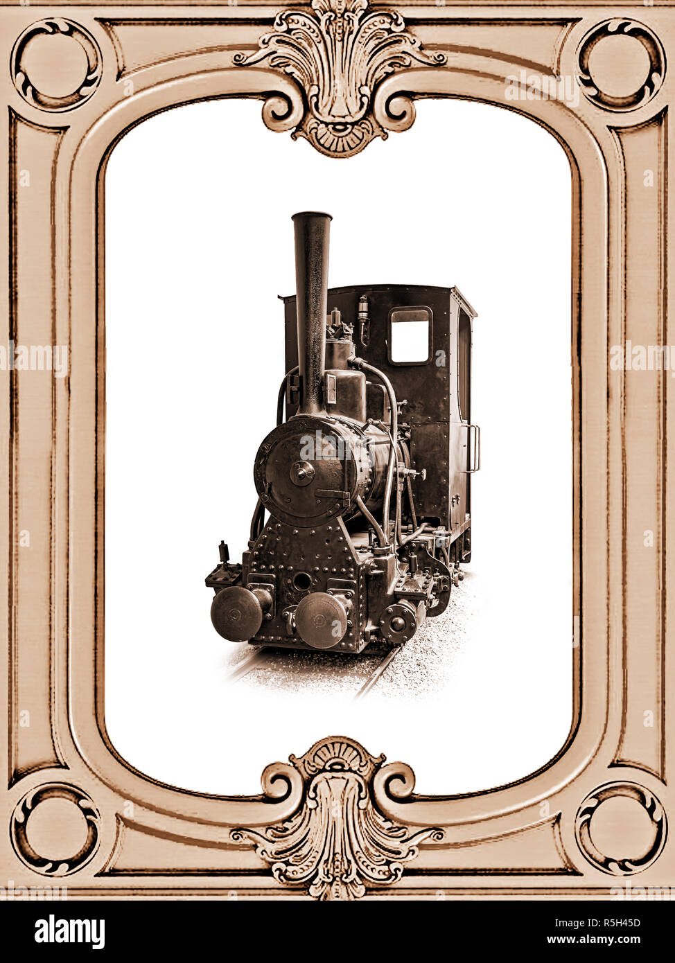 Schmalspur industrielle Dampflokomotive in Vintage frame, Sepia Farbe. Stockfoto