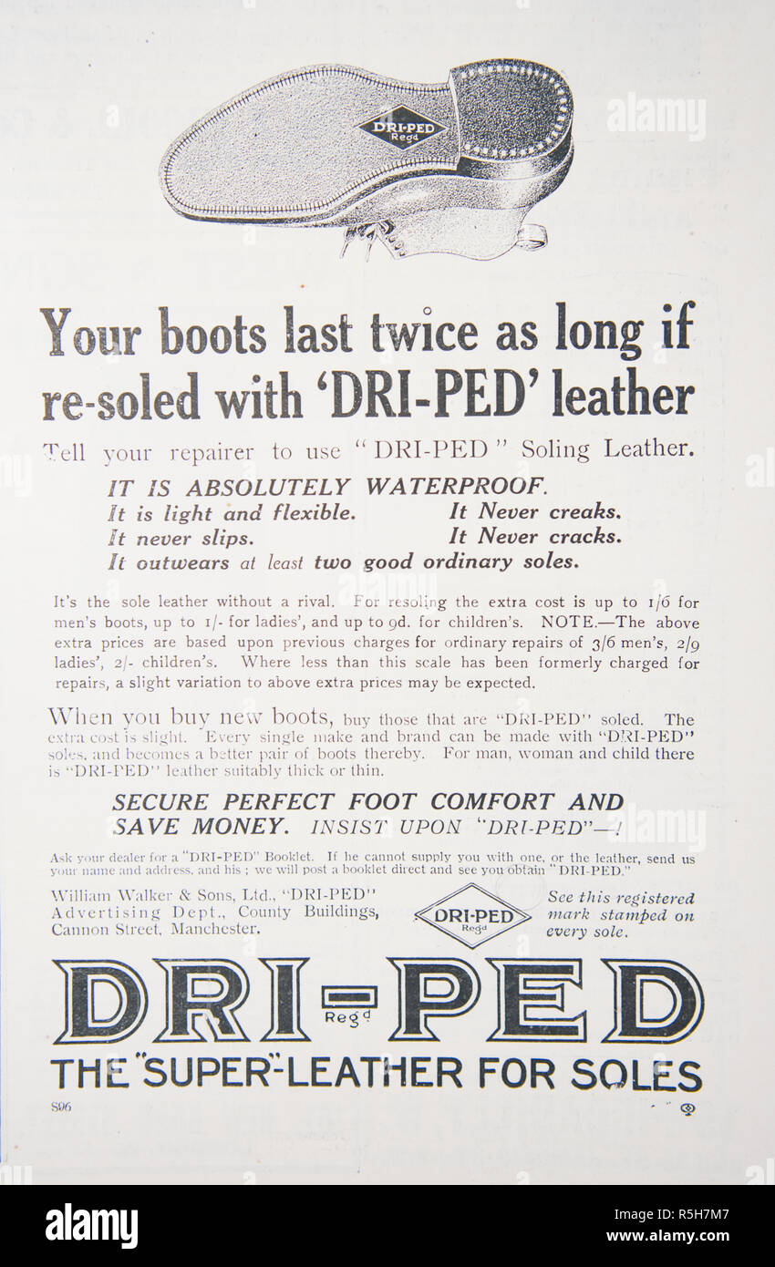 Eine Anzeige für Dri-Ped Lederstiefel Sohlen. Aus einem alten britischen Zeitschrift aus dem Zeitraum 1914-1918. Stockfoto