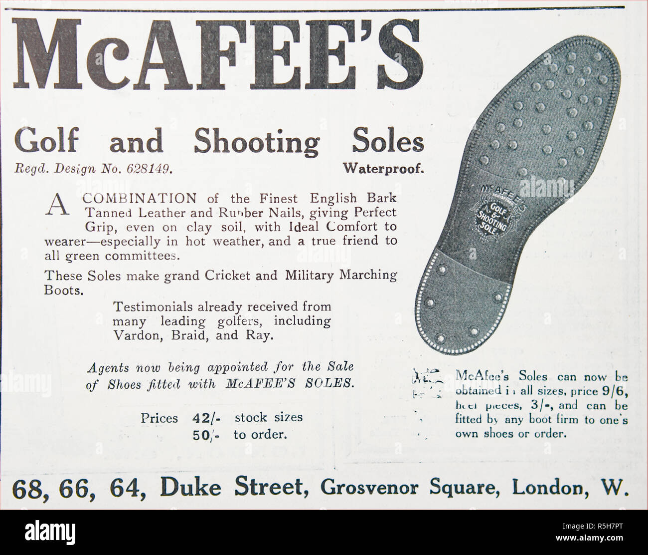 Eine Anzeige für McAffee's Golf und schießen Sohlen für Schuhe. Aus einem alten britischen Zeitschrift aus dem Zeitraum 1914-1918. Stockfoto