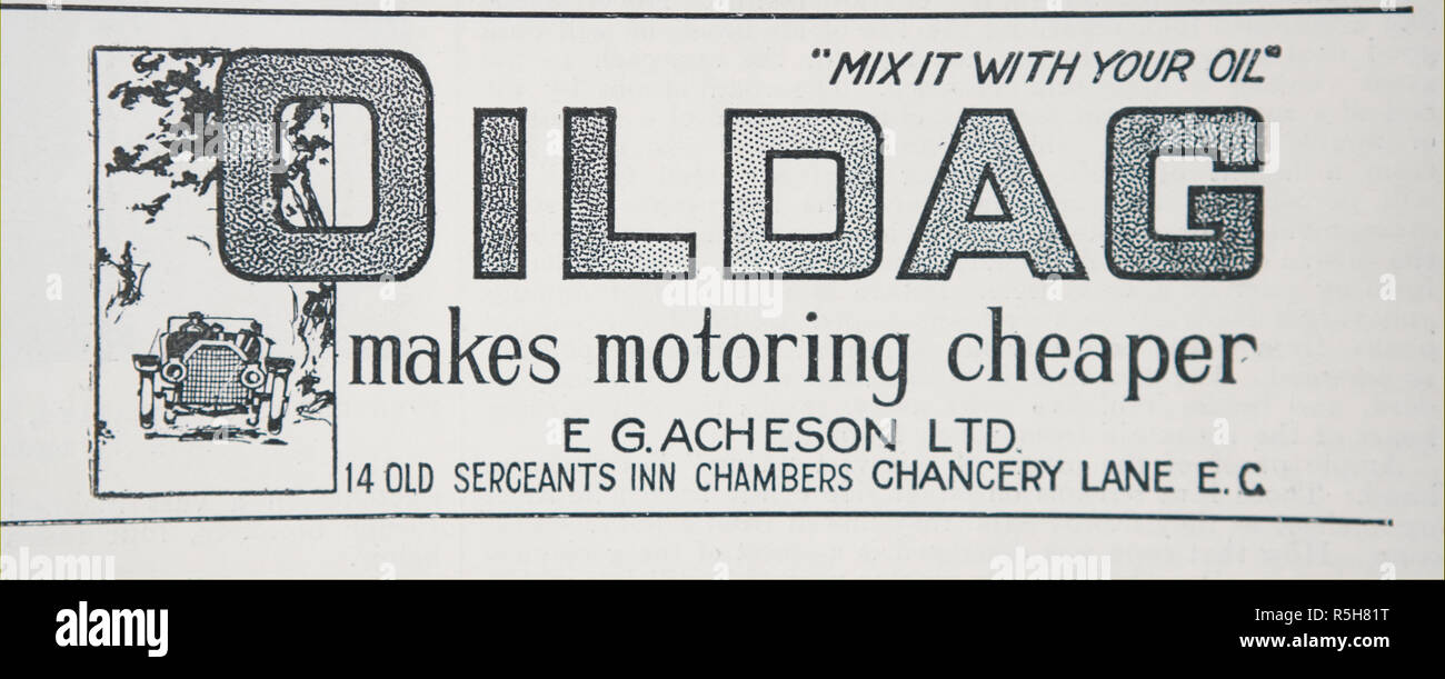 Eine Anzeige für z. B. Acheson Oildag Öl Additive. Aus einem alten britischen Zeitschrift aus dem Zeitraum 1914-1918. Stockfoto