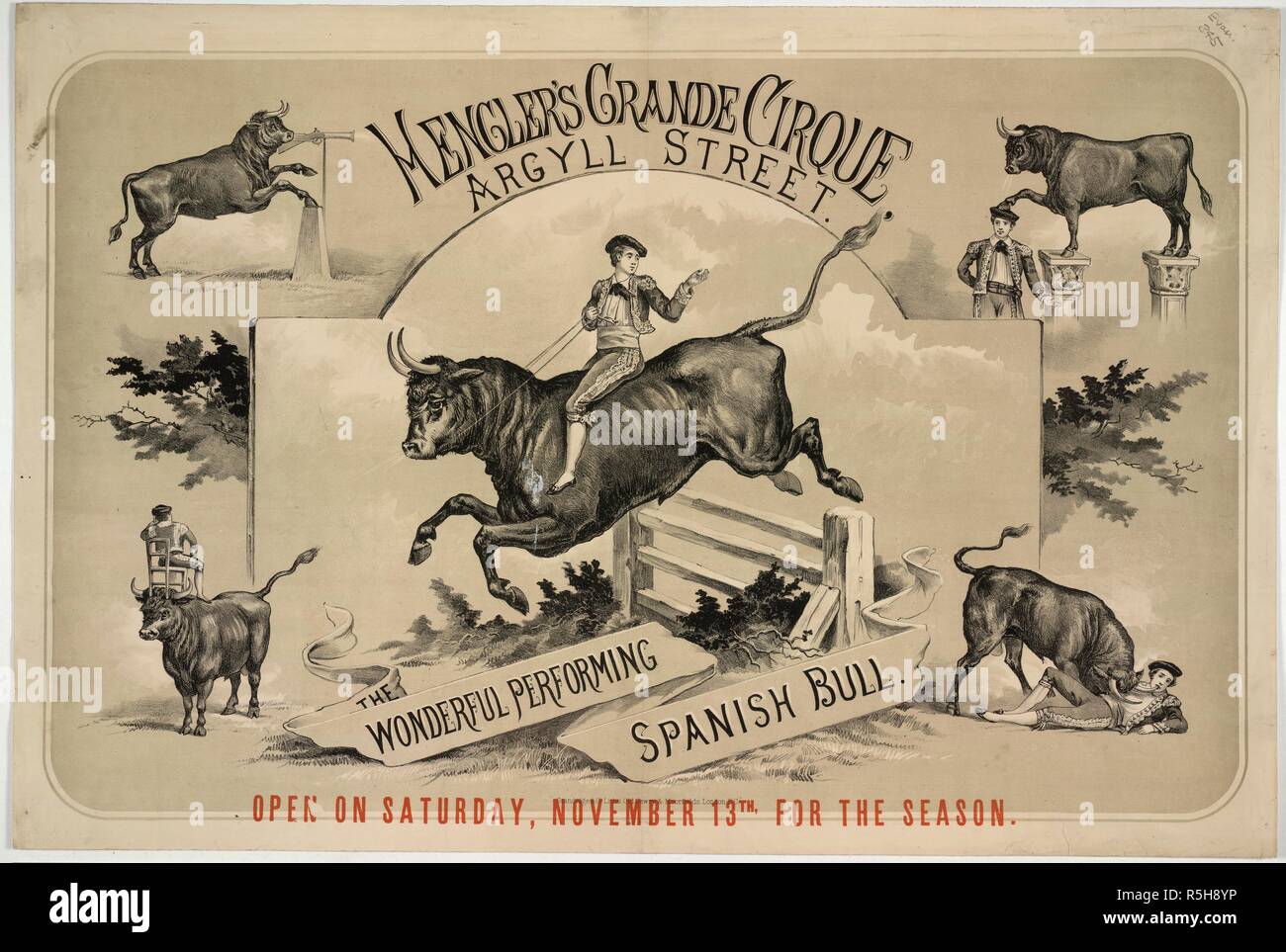 Hengler's Grand Cirque, Westminster, 1881. Hengler's Grande Cirque, Argyll Street. Die wunderbare Durchführung spanischer Stier. Am Samstag, 13. November, für die Jahreszeit. . Eine Sammlung von Broschüren, Handzettel, und sonstige Drucksachen im Zusammenhang mit viktorianischen Unterhaltung und Alltag. Standidge & Co.Litho. Alte Judentum & Moorfields, London, E.C. 1881. Quelle: Evan. 345. Autor: Evanion, Henry. Stockfoto
