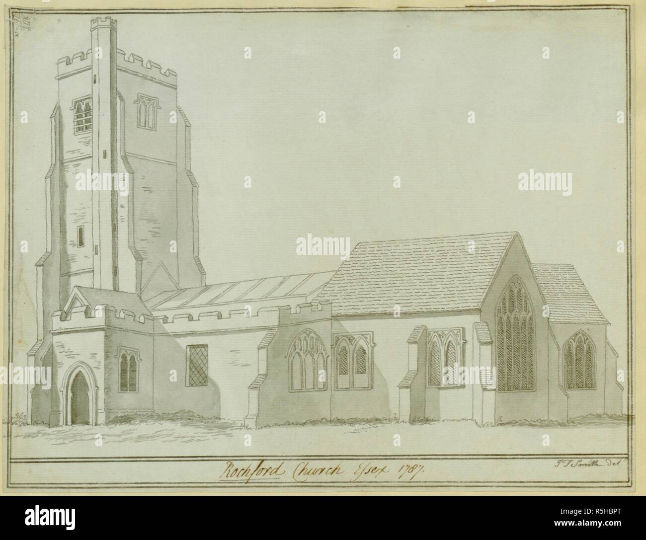 Ein Schwarzweiß-Zeichnung der Süd- und Ostseite von St. Andrew's Church, Rochford. Rochford Kirche Essex 1787. 1787. Quelle: Karten K. Top. 13.16. Ein. Sprache: Englisch. Autor: SMITH, JOHN THOMAS. Stockfoto