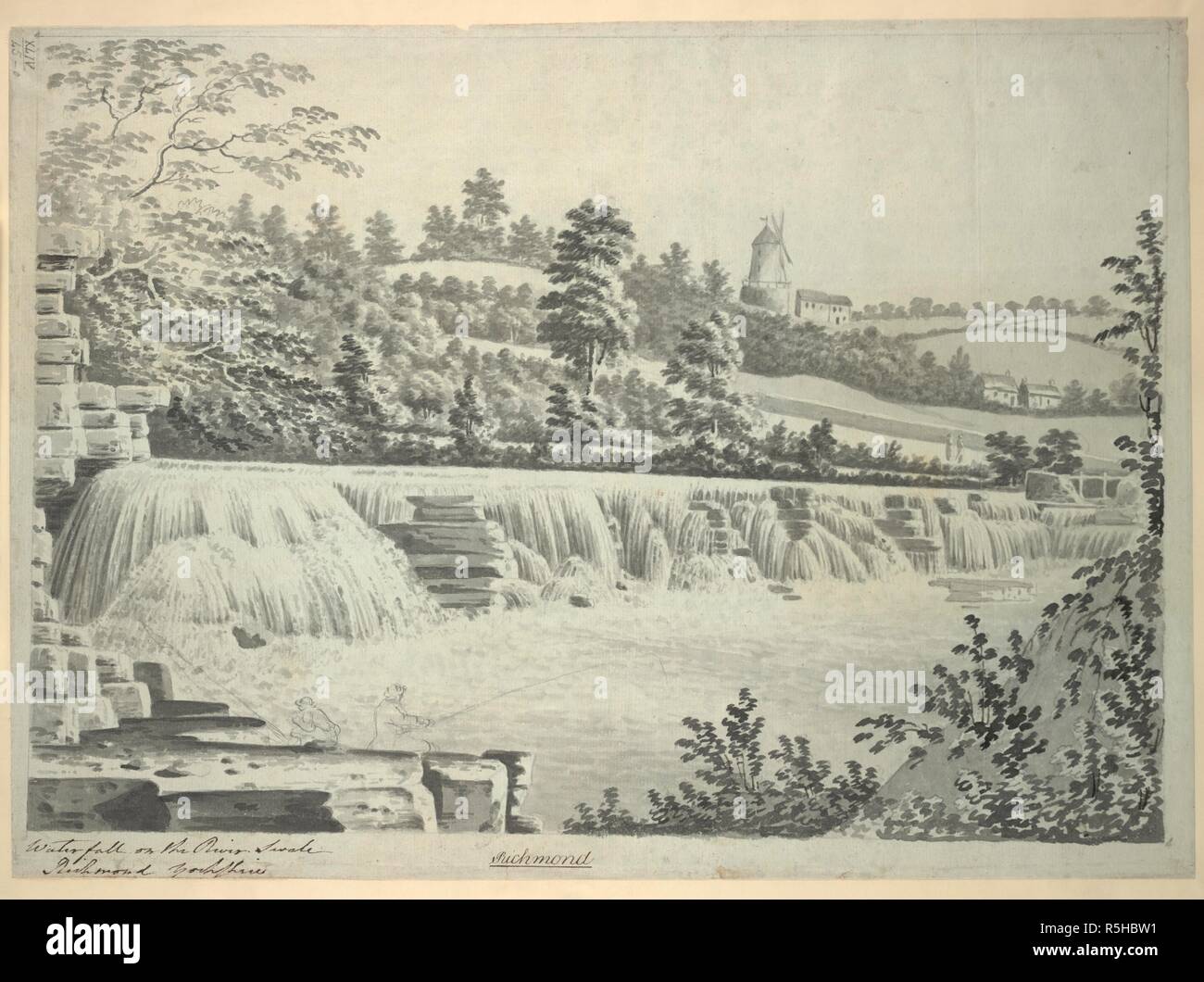 Zahlen Angeln im Vordergrund; ein Wasserfall in der Mitte der Szene, Bäume und Felder in der Mitte; eine Windmühle und Häuser in der Ferne. Wasserfall auf dem Fluss Swale Richmond Yorkshire. c. 1770-1800. Quelle: Karten K. Top. 44,45. o. Sprache: Englisch. Thema: Buck. Stockfoto