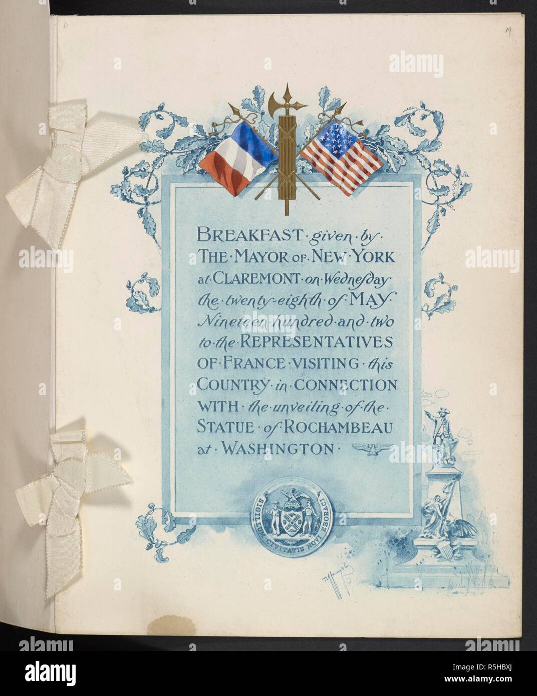 Abdeckung. 'Frühstück durch den Bürgermeister von New York im Claremont auf (Mittwoch, 28 Mai, 1902), die Vertreter von Frankreich im Zusammenhang mit der Enthüllung der Statue von Rochambeau in Washington. . [Eine Sammlung von Speisekarten der Abendessen und Berichte von Feierlichkeiten in den Vereinigten Staaten von Amerika in den Jahren 1890-1904, gebildet von Miss F.E. Buttolph. In drei Bänden gebunden.]. [1890-1904]. Siehe auch Datei N 10002-71. Quelle: C 120. w.2 Band 4 Nr. 19. Sprache: Englisch. Stockfoto