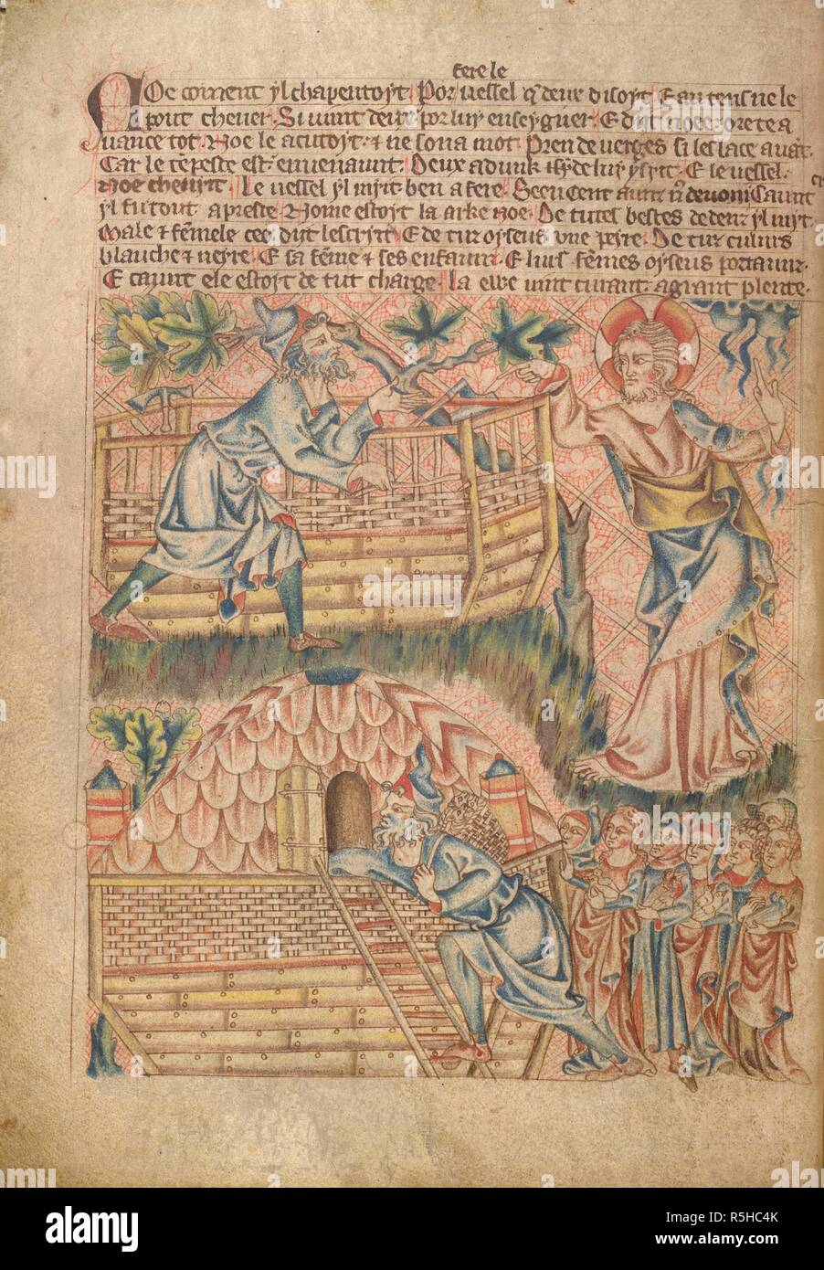 Bau der Arche Noah. Holkham Bible Picture Book. England ca. 1320