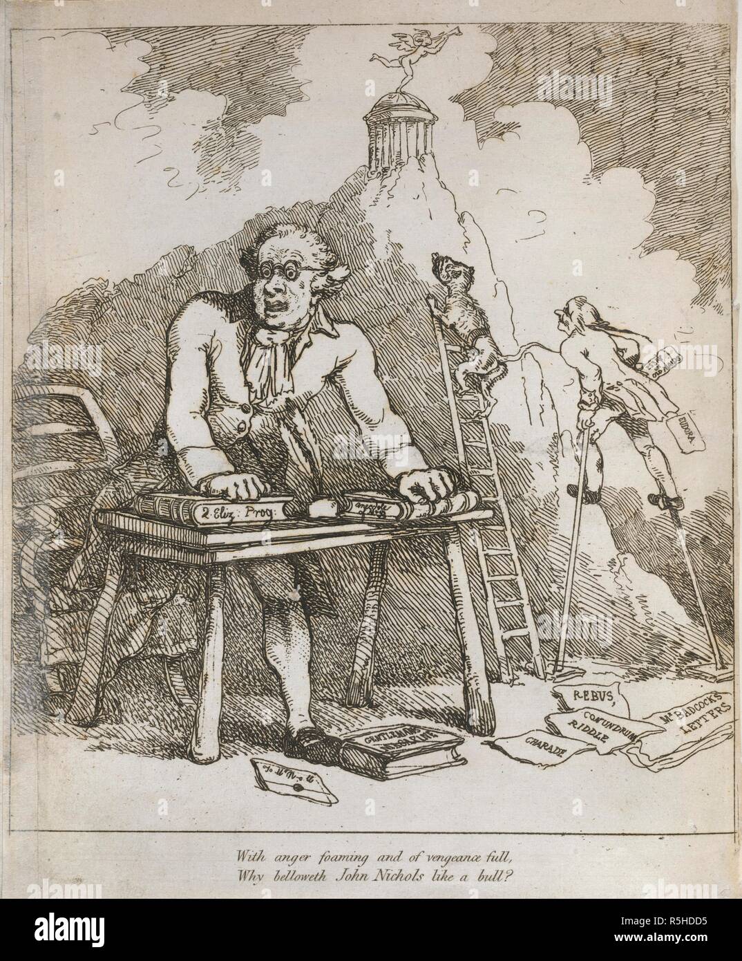 "Mit Wut schäumen und Rache voll, warum belloweth John Nichols wie ein Stier?". John Bowyer Nichols (1779 - 1863) war der Herausgeber von The Gentleman's Magazine. Einen wohlwollenden Brief an Sylvanus Urban, alias J. Nichols, nicht zu vergessen, W. Hayley. [Eine Satire in Vers.], zu denen hinzugefügt wird, eine Elegie zu Apollo; auch Sir J. Banken und den gekochten Flöhe, eine Ode. Von Peter Pindar Esquire. London, 1790. Quelle: 840k., S. 14. (1). Sprache: Englisch. Autor: Pindar, Peter, pseud. [D. h. John wolcot. ]. Stockfoto