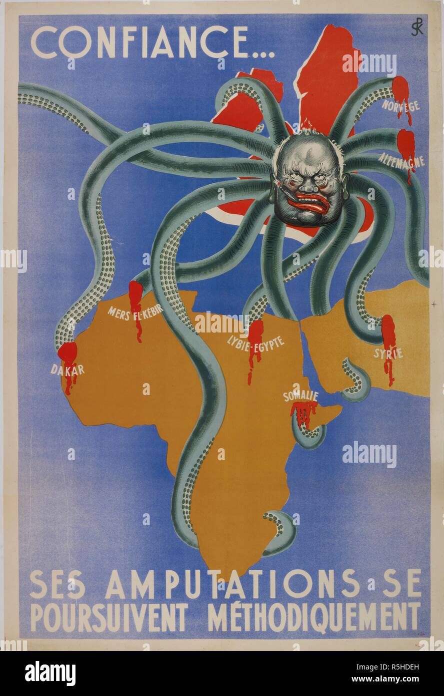 Propagandaplakat, wahrscheinlich in Vichy Frankreich hergestellt. Zeigt Winston Churchill als Oktopus, seine Tentakel, die britische militärische Intervention im Nahen Osten und in Afrika. Das Schneiden von diesen tentakeln spiegelt die Vereitelung der britischen Aktionen in Norwegen, Deutschland, Syrien, Somalia, Libyen, Mers el-Kebir und Dakar durch Achse Kräfte. Titel übersetzt als â € ™ â € ™ versichert werden, die Amputationen (seiner Tentakeln) sind methodisch fortfahren. â € ™. Confiance ... ses Amputationen se poursuivent mÃ©thodiquement. Paris?: S.K., c 1942. Farbe. 119 x 84 cm. Weltkrieg II. Zweiten Weltkrieg. Quelle: Maps.CC. Stockfoto