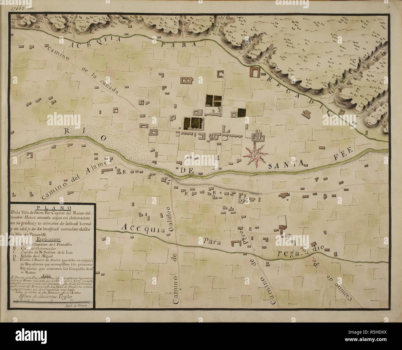 Plano dela Villa de Santa Fee capital del Reino del Nuebo Mexiko situada Segun mi observacion de 36 Grados y 10 Minutos de Latitud Boreal, y 258 Â°y40' de Länge contados... de Teneriffa. . 21 farbige Karten und Pläne von Städten und verschiedenen Siedlungen im Norden von Mexiko mit ihrer Umgebung; alle bis auf Eine, in den provincias Internas gelegen. Von Joseph de Reino de. Papier, 18 Cent. Folio. Ca. 1768. Quelle: Hinzufügen. 17662 m 13. Stockfoto