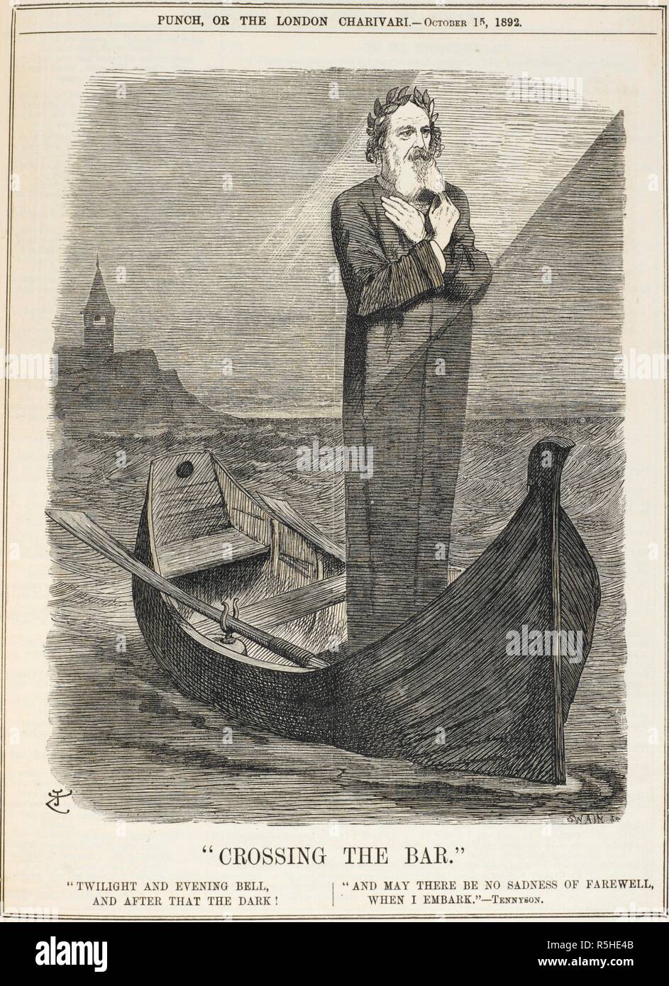 Über die Bar' wurde zu einem der berühmtesten Gedichte Alfred Lord Tennyson. Dieses commemorative Cartoon wurde kurz nach Tennysons Tod veröffentlicht. Schlag oder die London Charivari. London, 15. Oktober 1892. Quelle: C 194 b 199, Band 103, Seite 175. Sprache: Englisch. Autor: TENNIEL, John. Tennyson, Alfred, 1st Baron Tennyson. Stockfoto