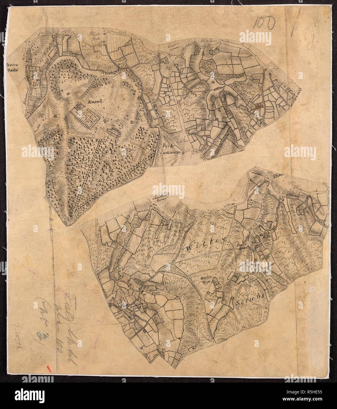 Knole Park & Whitely Reihe, in der Nähe von Sevenoaks, Kent. Zwei Zeichnungen von Gebieten in der Nähe von Sevenoaks in Kent. Die obere Zeichnung zeigt die Gegend um Knole Park, südöstlich von Sevenoaks. Obwohl dieses Feld Skizze lose gezogen erscheint, bei genauerem Hinsehen offenbart es sorgfältig zu beachten. Einzelne Bäume mit winzigen Schatten sind im Knole Park dargestellt. Die Zeichnung unter ist der Bereich um Whitley Reihe, die leicht Südwesten der Sevenoaks. 1799. Quelle: OSD 100, Teil 5. Sprache: Englisch. Stockfoto