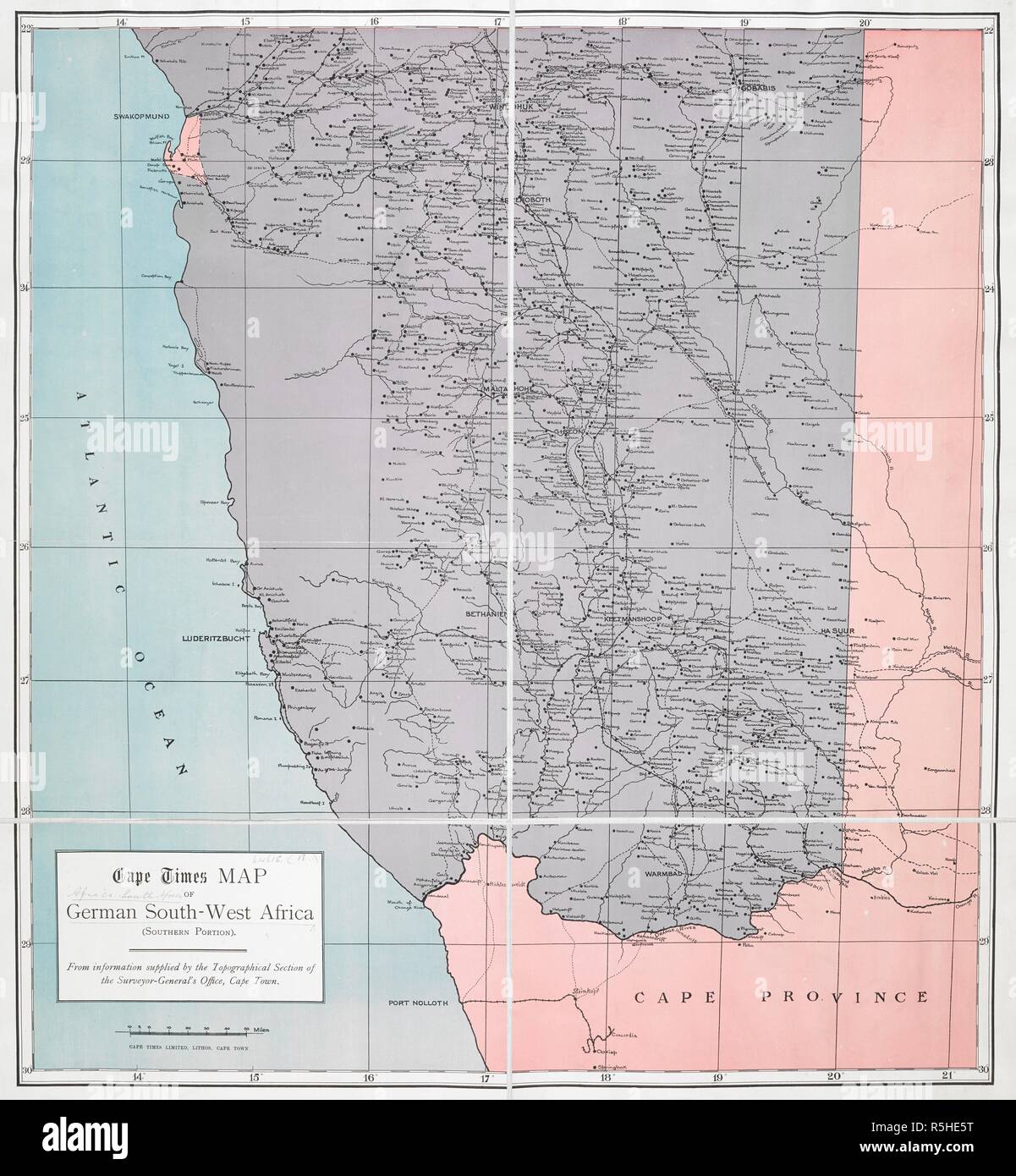 Eine Karte von Deutsch-südwest-Afrika, südlichen Teil. . "Cape Times" Karte von Deutsch-südwest-Afrika, südlichen Teil. [Scale], 50 Meilen = 70 [mm]. Kapstadt: "Cape Times", [1914]. 580 x 640 mm.; [Scale], 50 Meilen = 70 [mm]. Quelle: Maps.64615. (18). Stockfoto