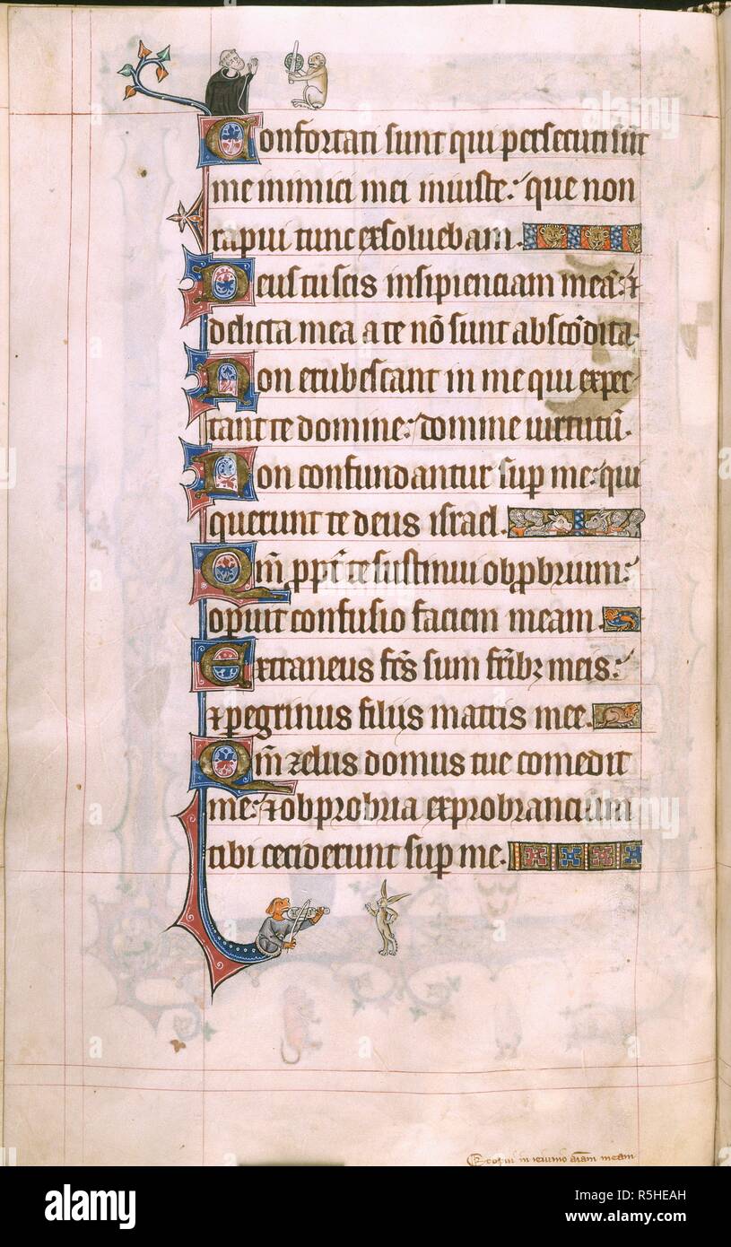 Base de Seite Szene eines Hundes spielen eine vielle, und einen Hasen tanzen. Die gorleston Psalter. 1310-1324. Quelle: Hinzufügen. 49622, f 86 v. Sprache: Englisch und Latein. Stockfoto