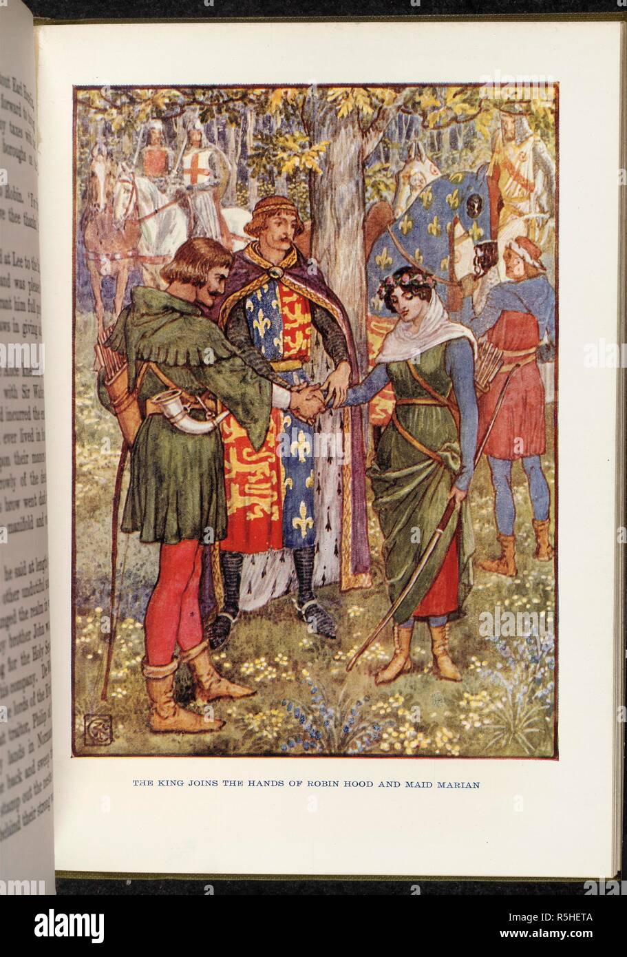 Robin Hood und Maid Marian. Robin Hood und seine fröhliche Männer... Mit 8 illustrati. 1915. Der König tritt in die Hände von Robin Hood und Maid Marian. Bild von Robin Hood und seine fröhliche Männer mit 8 Abbildungen in Farbe von Walter Crane. Ursprünglich veröffentlichte/1915 produziert. . Quelle: 2700032 h.1/3, gegenüber 120. Sprache: Englisch. Stockfoto