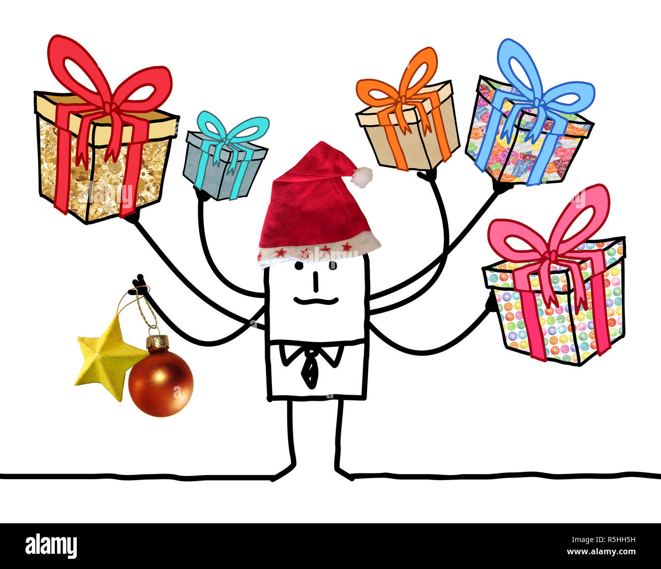 Cartoon Mann mit mehreren Geschenke und Santa Red Hat Stockfoto