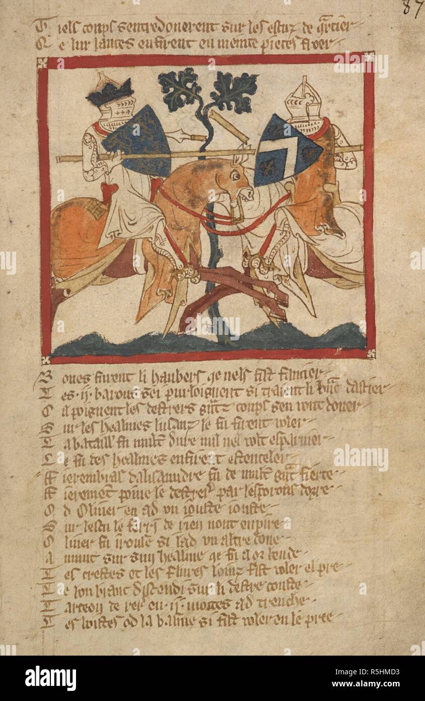 Bekämpfung von Oliver und Fierenbras, mit Lanzen. Romanzen in französischer Sprache vers... 14. Jahrhundert. Quelle: Egerton 3028 f 87. Autor: Wace, Kanon von Bayeux. Stockfoto