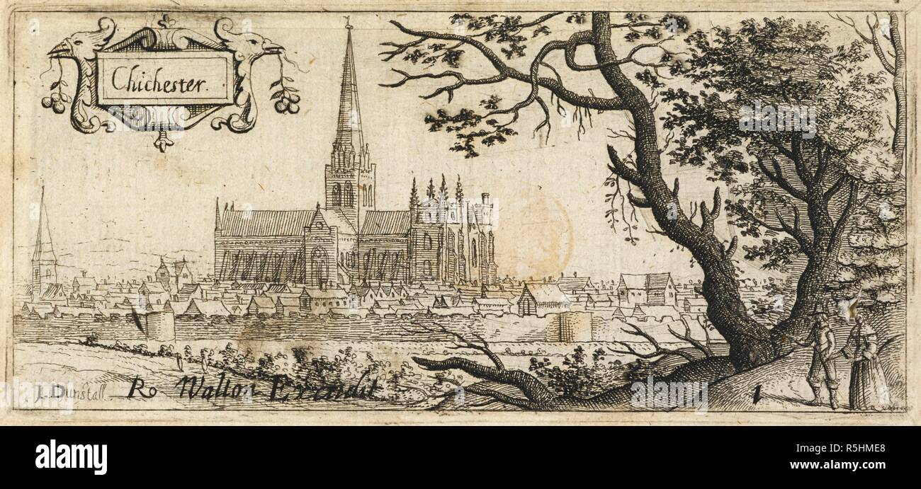 Zwei Zahlen, um einen grossen Baum auf der rechten Seite im Vordergrund; die Stadt Chichester in der Ferne; der Stadtmauer durch die Szene läuft; Chichester Cathedral in die Mitte des Bildes. Chichester. c. 1660. Radierung. Quelle: Karten K. Top. 42.19. a.1. Sprache: Englisch. Autor: Dunstall, John. Stockfoto