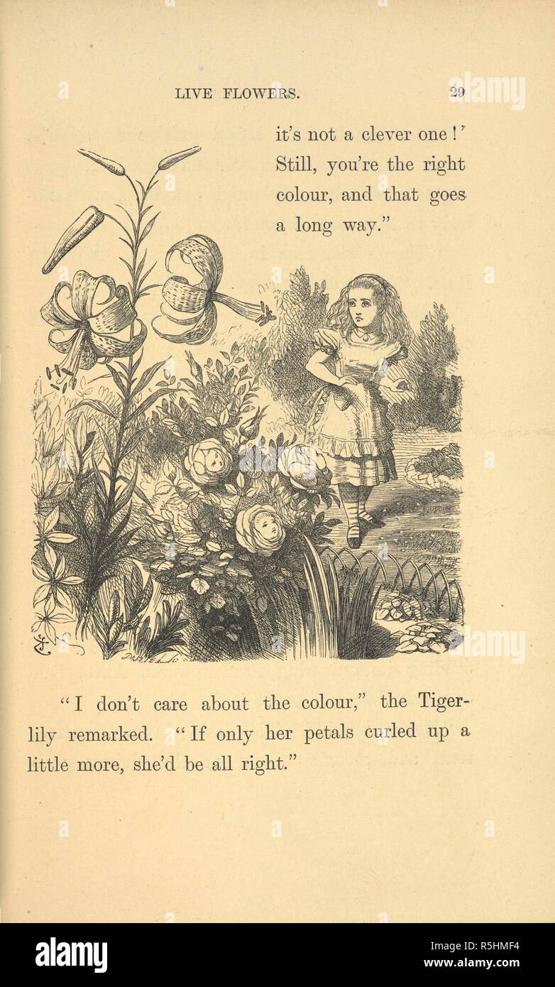 "Ich kümmere mich nicht um die Farbe, das "die Tiger-Lily bemerkte. Alice im Garten leben Blumen. [Durch das Schauen-glas und was Alice dort fand... Mit 50 Illustrationen von John Tenniel.]. London: Macmillan & Co., 1897. Quelle: 012808. eee. 57 Seite 29. Stockfoto
