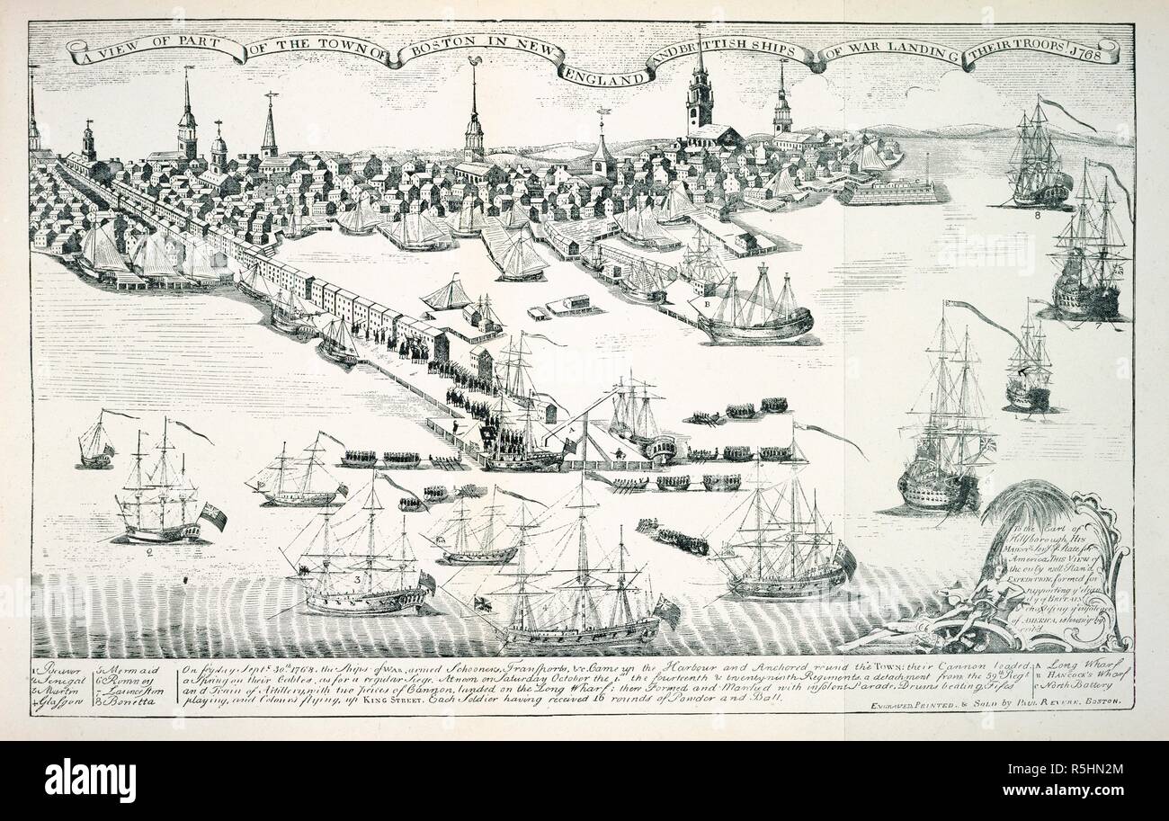 Hafen von Boston. Starks antike Blick auf Ihr towne in Boston. (Seco. Boston: James H. Stark, 1901. Blick auf die Altstadt von Boston in New England und britische Kriegsschiffe Landung ihre Truppen 1768. Bild von Starks antike Blick auf Ihr towne von Boston. (Zweite Auflage). Ursprünglich/in Boston produziert veröffentlicht: James H. Stark, 1901. . Quelle: X., 802/5055. Sprache: Englisch. Autor: Revere, Paul. Stark, James Henry. Stockfoto