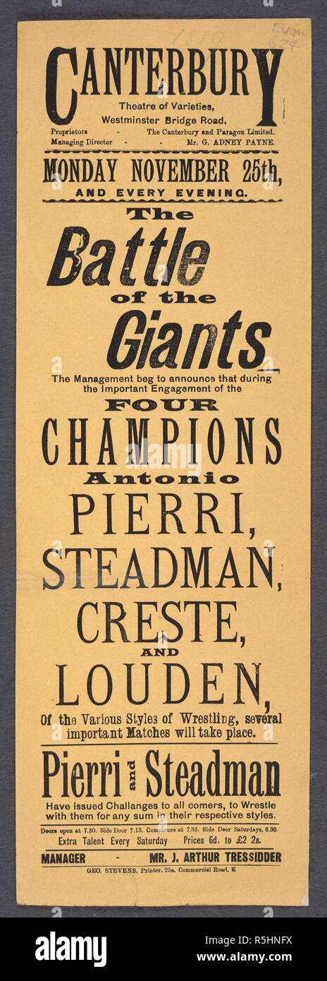 Canterbury Theater von Sorten, Lambeth. Der Kampf der Giganten... Vier champions Antonio Pierri, Steadman, Creste und Louden, der verschiedenen Stile des Wrestling â €¦. [London]: Geo. Stevens, Drucker, 25 a. Commercial Road, E., 1889. Quelle: Evan. 624. Sprache: Englisch. Stockfoto