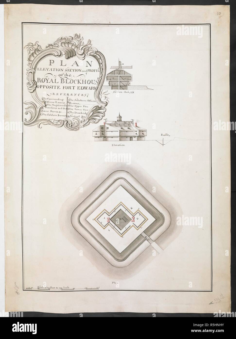 Plan elevation Abschnitt und Profil der Königlichen Blockhaus gegenüber Fort Edward" von Thomas Sowers; 1759. . R.U.S.I. Karten. Bd. LXXVI (1-13). 57711 (1-4). Orte in Nordosten von New York. 18. 1759. 1: 240. 'Scale von 20 Fuß zu einem Zoll". Skala von 120 Fuß (= 6 Zoll). 555 x 395 mm. Quelle: Hinzufügen. 57711. Amherst. 78. R.U.S.I. Nr. Ein 28,64. Stockfoto