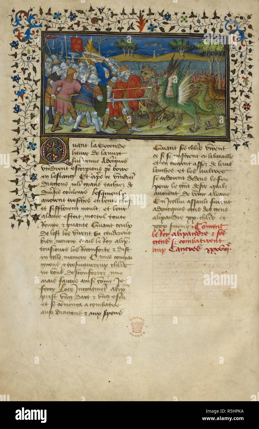 Von Alexander dem Großen Kampf mit dem Drachen. La Vraye Histoire du Bon Roy Alixandre (Alexander Romanze in alten französischen Prosa). Frankreich, Anfang des 15. Jahrhunderts. Quelle: Royal 20B. XX, w.49 v. Sprache: Französisch. Autor: Pseudo-Callisthenes. Stockfoto