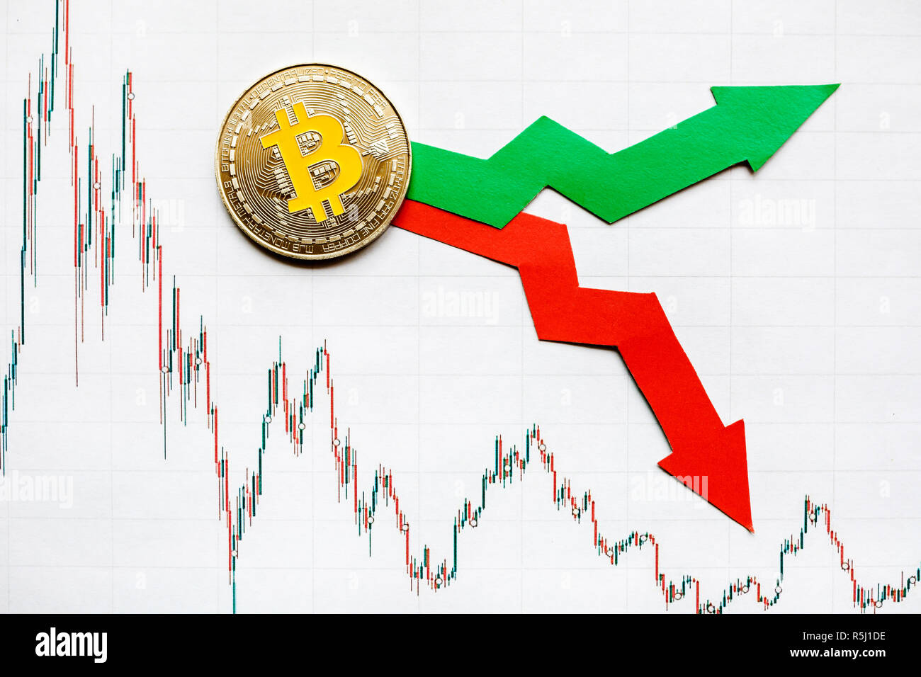 Schwankungen und Prognose von Wechselkursen von virtuellem Geld bitcoin.  Rote und grüne Pfeile mit goldenen Bitcoin Leiter auf Papier forex Chart  backgro Stockfotografie - Alamy