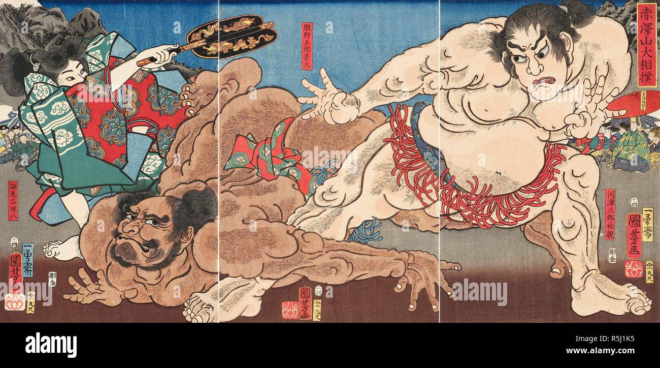 Akazawayama ozumo (Grand Sumo Turnier auf dem Berg Akazawa). Museum: private Sammlung. Autor: KUNIYOSHI, UTAGAWA. Stockfoto