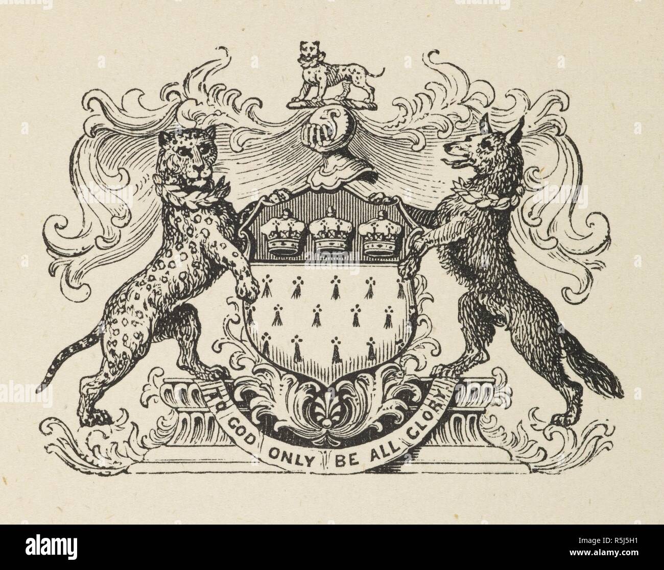 Wappen und Motto der Worshipful Company der Fährtenleser mit Leopard und Fox (?). Einige der Geschichte und Altertum der Worshipful Company der Fährtenleser, London. [Mit Illustrationen.]. London: J. B. Nichols & Söhne, 1876. Motto der Worshipful Company der Fährtenleser: "zu Gott nur werden alle Ehre". Quelle: 8248. a.3. s. 1. Autor: Anon. Wadmore, James Foster. Stockfoto