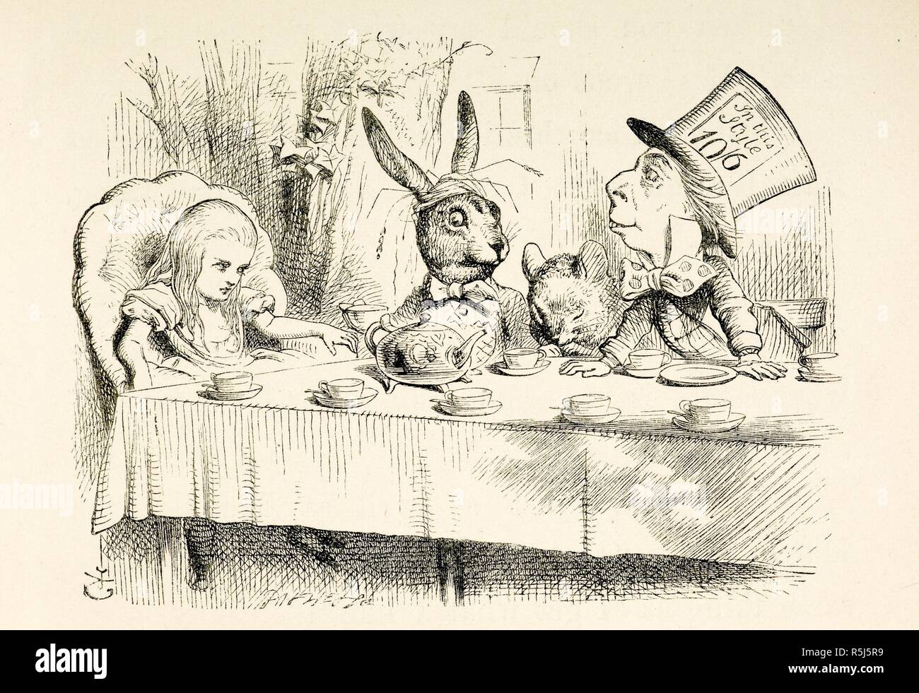 Alice bei Tea Party des Mad Hatter. Alice's Adventures in Wonderland. Mit 42 Illustrationen von John Tenniel. London: Macmillan & Co., 1866 [1865]. Quelle: C.59.B.11 Seite 97 Detail. Stockfoto